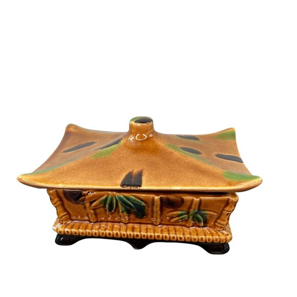 1960s MCM Ceramic Bamboo Style Ashtray Set of 3 with holder Lidded Made in Japan - Picture 3 of 16